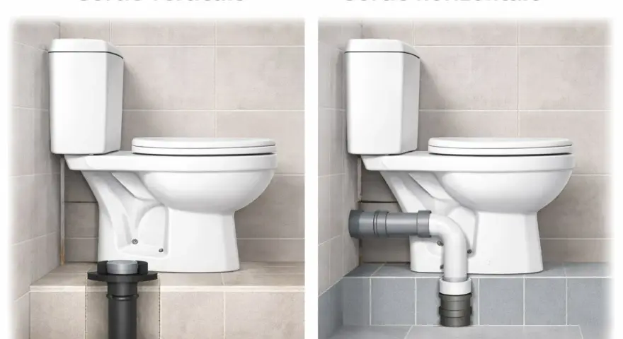 Comparaison de deux installations de toilette sans évacuation : une avec sortie verticale et l'autre avec sortie horizontale.