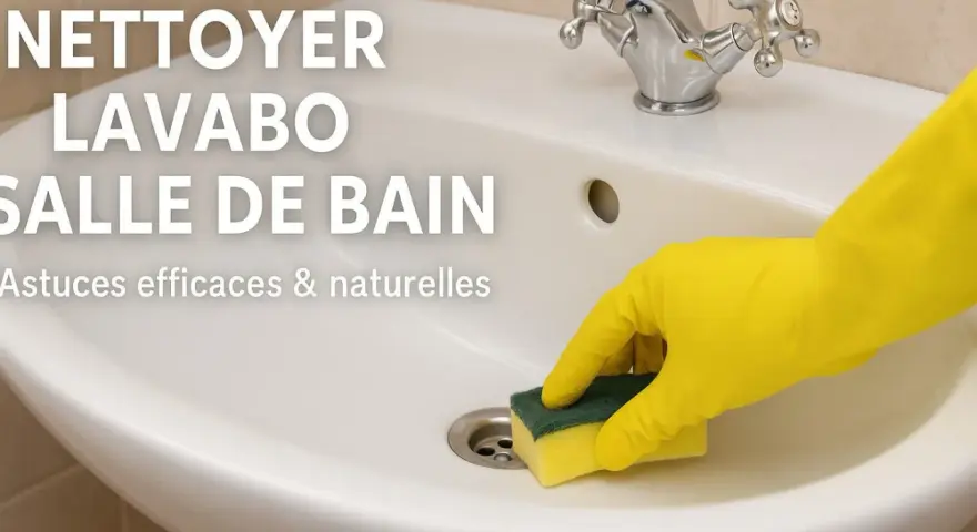 Main jaune nettoyant un lavabo de salle de bain pour enlever le calcaire. Astuces efficaces et naturelles.