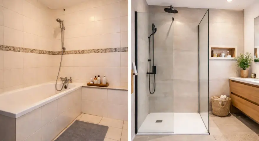 Avant/après : transformation d'une salle de bain avec baignoire en une douche moderne et spacieuse.