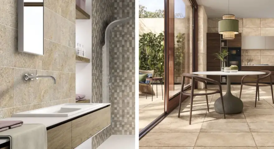 Salle de bain et cuisine modernes avec carrelage au sol et mural. L'épaisseur du carrelage est subtile, créant une finition élégante.