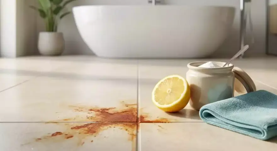 Nettoyer les taches de rouille sur le carrelage de la salle de bain avec du citron et du bicarbonate de soude.
