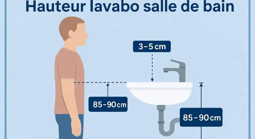 Illustration showing the ideal hauteur lavabo pmr : 85-90 cm du sol au bord, et 3-5 cm entre le robinet et le lavabo.
