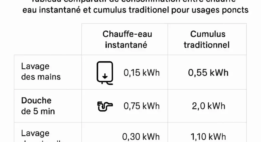 Tableau comparatif de consommation d'eau chaude. La puissance du chauffe-eau instantané est bien inférieure à celle du cumulus traditionnel pour le lavage des mains, la douche et la vaisselle.
