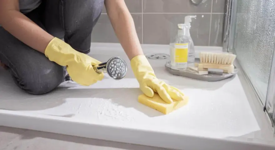 Une personne en gants jaunes nettoie un bac de douche en résine avec une éponge et une douchette.