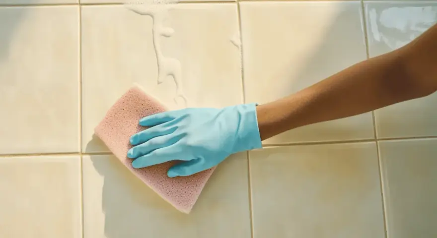 Main tenant, une main gantée de bleu frotte le carrelage de la salle de bain avec une éponge rose, faisant mousser le savon.