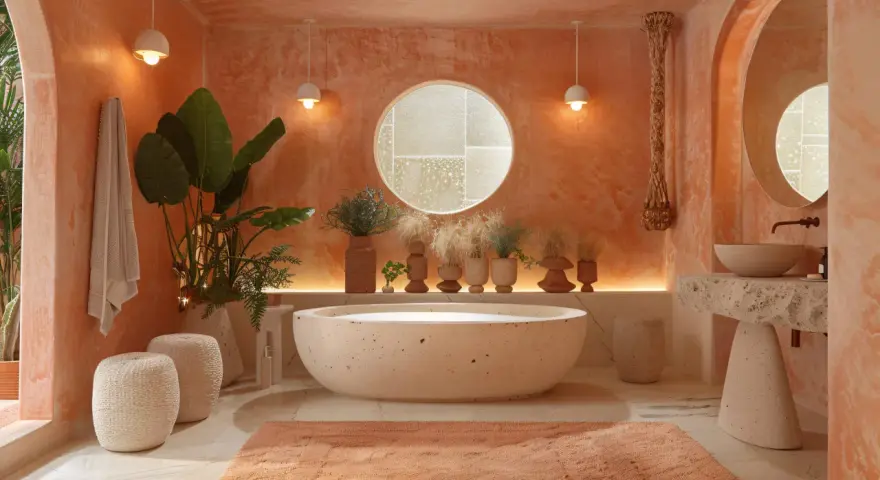 Une salle de bain aux teintes terracotta et beige, avec une baignoire ovale, un lavabo en pierre brute et des plantes luxuriantes.