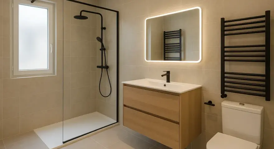 Salle de bain moderne avec douche à l'italienne, meuble vasque en bois, miroir lumineux et radiateur noir. Une belle idée salle de bain douche.