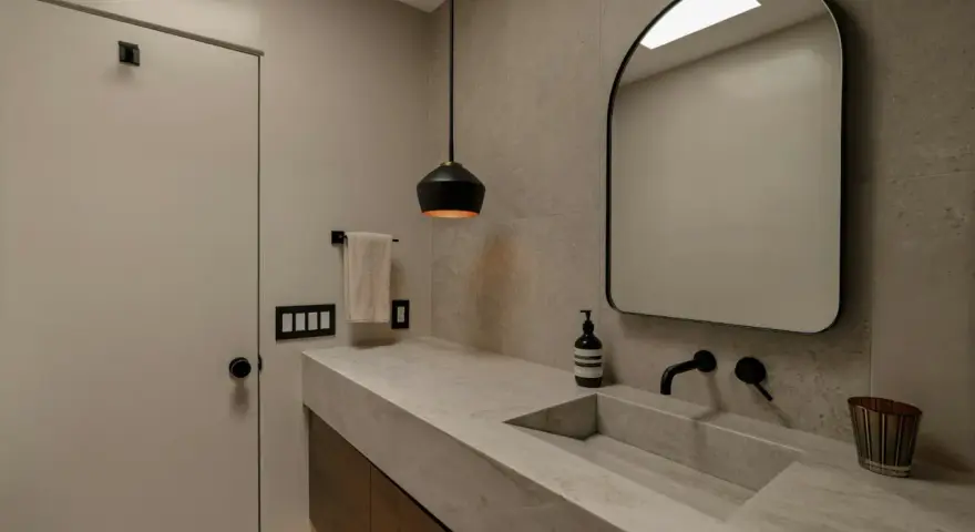 Élégante salle de bain en béton ciré avec un lavabo intégré, un miroir arrondi et un éclairage moderne.