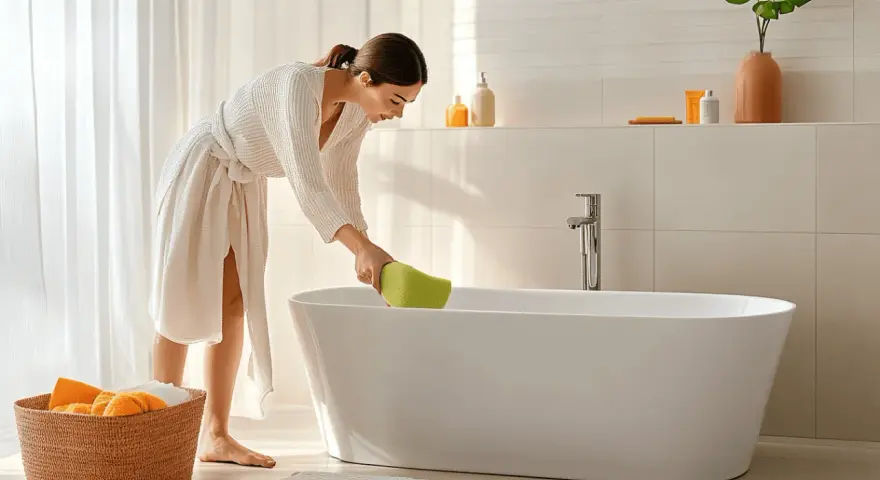 Une femme en peignoir blanc utilise une éponge verte pour nettoyer la baignoire, éliminant une tache jaune tenace.