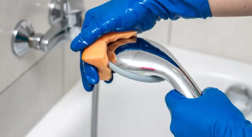 Mains bleues gantées frottant un pommeau de douche chromé avec une éponge orange pour le nettoyer.