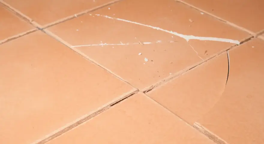 Carrelage mal posé, avec des carreaux fissurés et des joints irréguliers. Des éclats de matière blanche parsèment la surface.