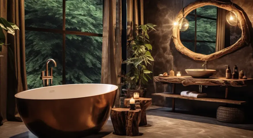Baignoire cuivrée, lavabo en bois brut, et vue sur la forêt. Une **salle de bain zen** pour se ressourcer.