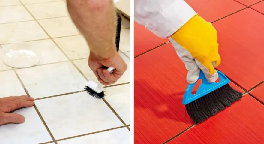 Nettoyer carrelage après joint : une main frotte les joints d'un carrelage clair, tandis qu'une autre brosse un carrelage rouge vif.