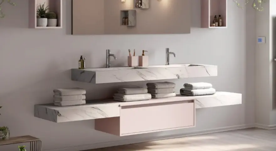 Salle de bain moderne avec double vasque en **solid surface** marbré, rangements suspendus et serviettes douces.