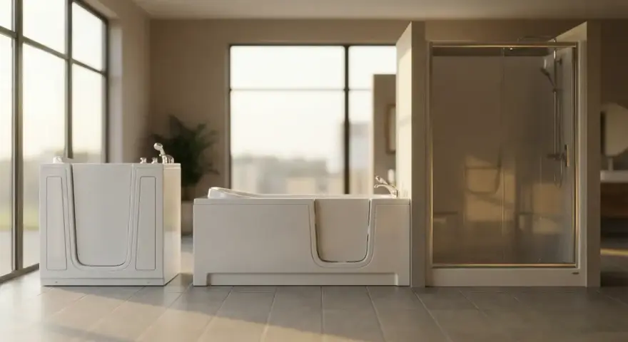 Deux baignoires à porte modernes, une avec une entrée plus large. Les inconvénients potentiels incluent l'espace occupé et le temps de remplissage.