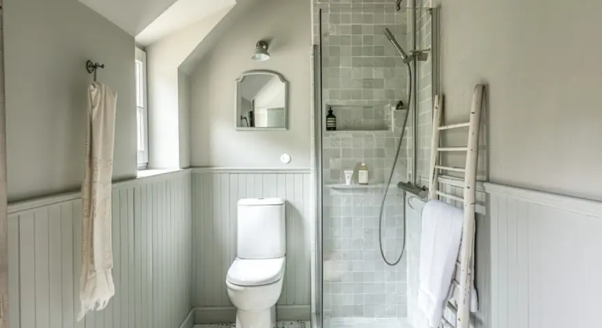 Plan salle de bain en longueur avec douche, WC et échelle décorative.