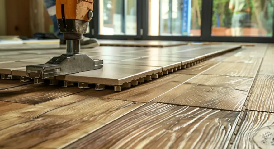 Pose d'un carrelage sur un parquet. Un outil aide à coller le carrelage sur bois, créant une nouvelle surface.