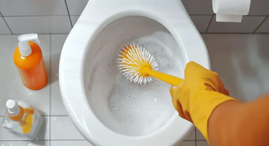 Nettoyage des toilettes avec une brosse et un produit à base d'acide citrique.