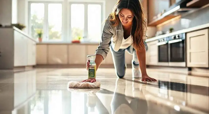 Une femme nettoie son carrelage de cuisine avec un produit pour le faire briller. Le sol reflète la lumière des fenêtres.