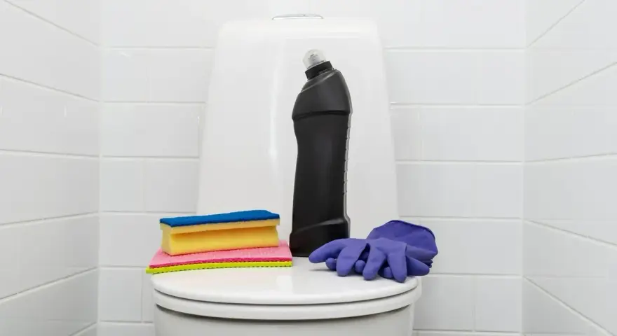 Produits de nettoyage pour les toilettes : une bouteille de produit, des éponges et des gants violets. Une astuce de grand-mère pour détartrer les wc.