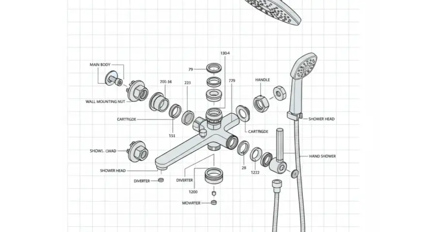 Schéma éclaté d'un mitigeur de douche, utile pour changer les pièces ou le mitigeur douche entier.