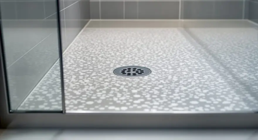 Bac de douche moderne avec motif de bulles et grille d'évacuation. La paroi vitrée reflète la lumière.