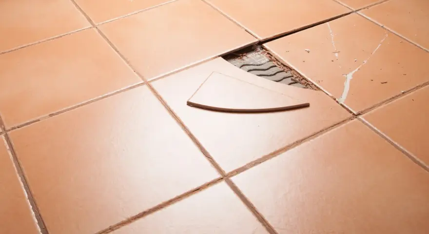 Carrelage orange avec une tuile cassée et un éclat à réparer.