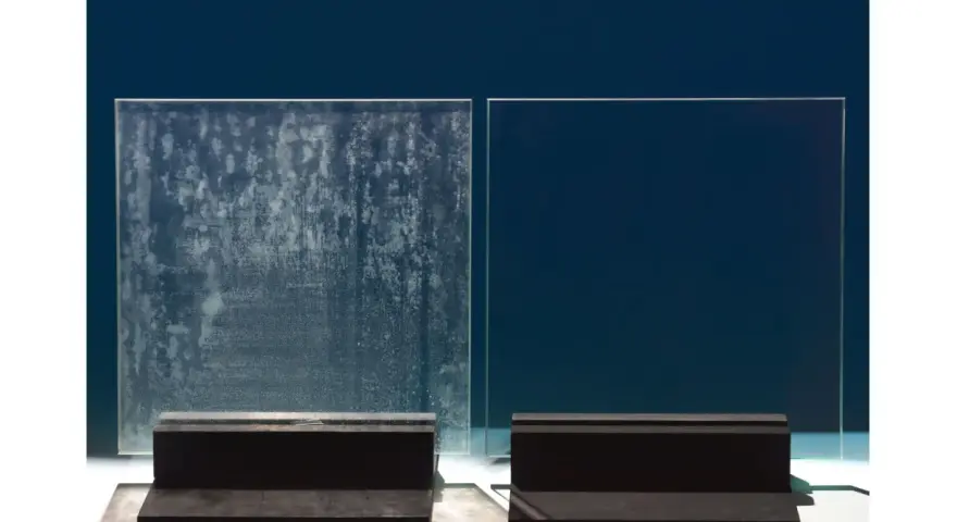 Comparaison de deux parois de douche : l'une est recouverte de dépôts calcaires incrustés, l'autre est parfaitement propre et transparente.