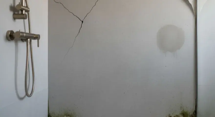 Panneau mural de douche fissuré, taché et moisi, illustrant les inconvénients de ce type de revêtement.