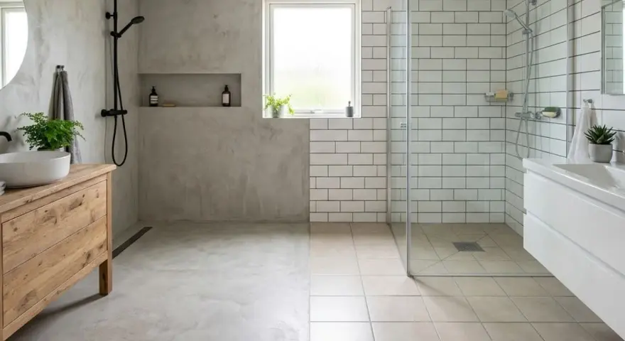 Salle de bain moderne avec sol en béton ciré ou résine d'un côté, et carrelage de l'autre. Douche vitrée, meuble vasque en bois.