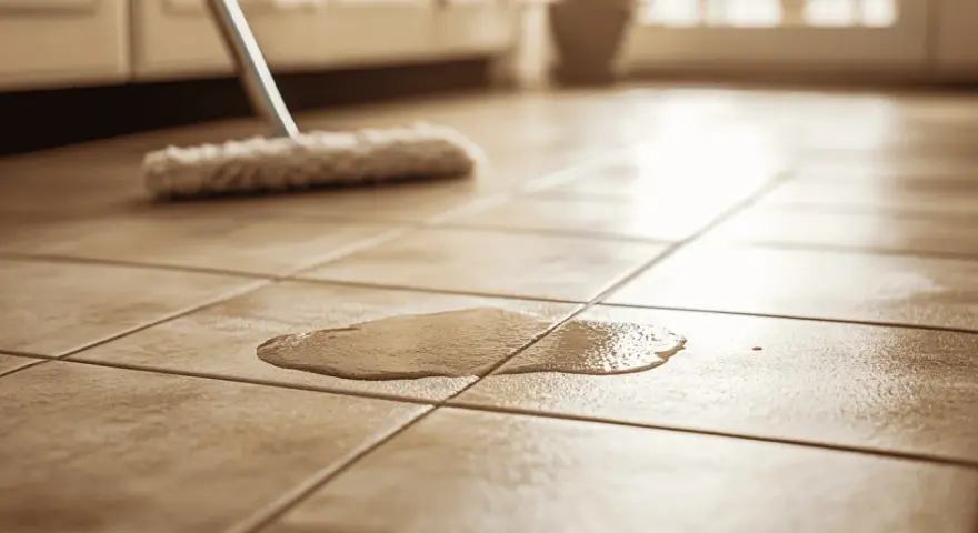 Un nettoyeur vapeur s'apprête à nettoyer un carrelage encrassé, une flaque d'eau sur le sol.