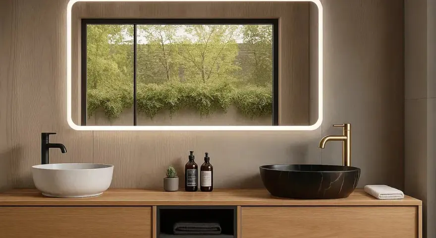 Élégante salle de bain feng shui avec deux vasques, robinetterie dorée et noire, et un miroir lumineux reflétant la verdure extérieure.