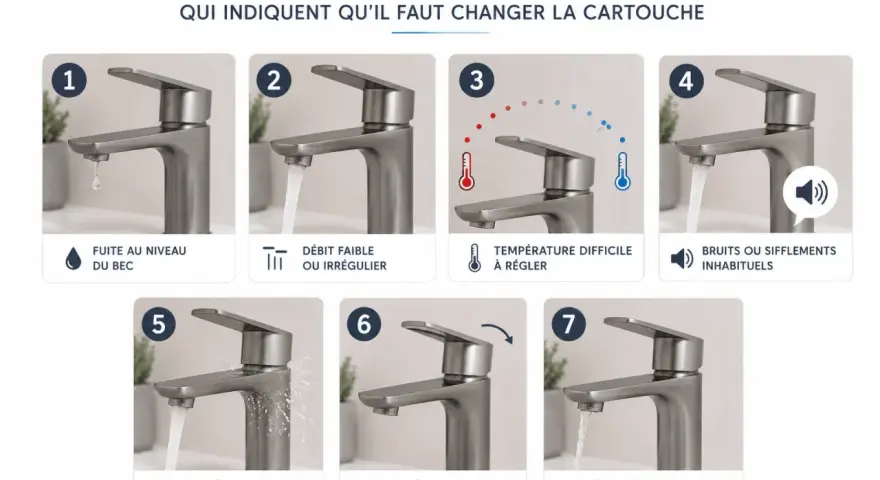 7 signes indiquant qu'il faut changer la cartouche : fuite, débit faible, température difficile à régler, bruits, poignée dure, débit instable. La durée de vie cartouche mitigeur est affectée par ces signes.