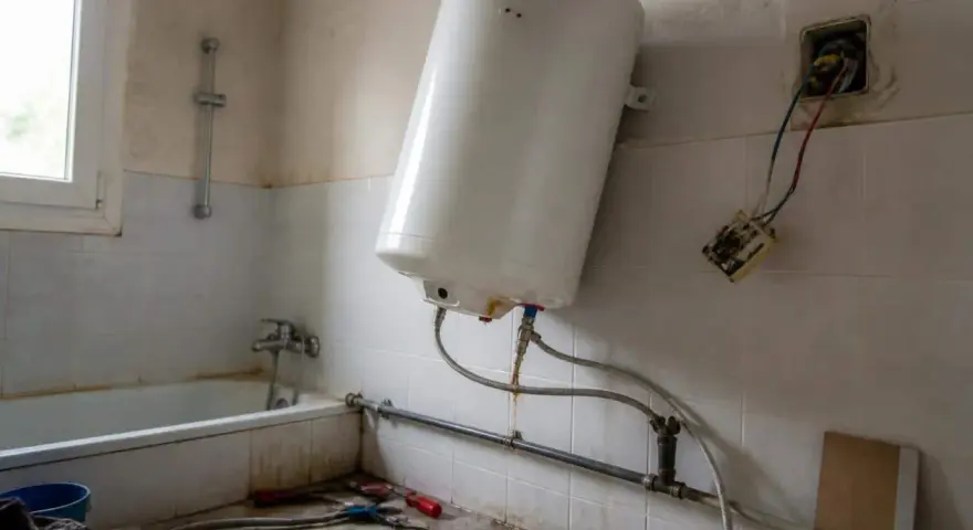 Un chauffe-eau blanc est en cours de branchement dans une salle de bain. Des outils sont posés sur le sol.