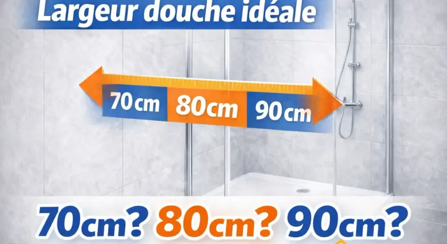 Largeur douche idéale : 70cm, 80cm, 90cm ? Une flèche indique les différentes dimensions possibles pour votre espace douche.