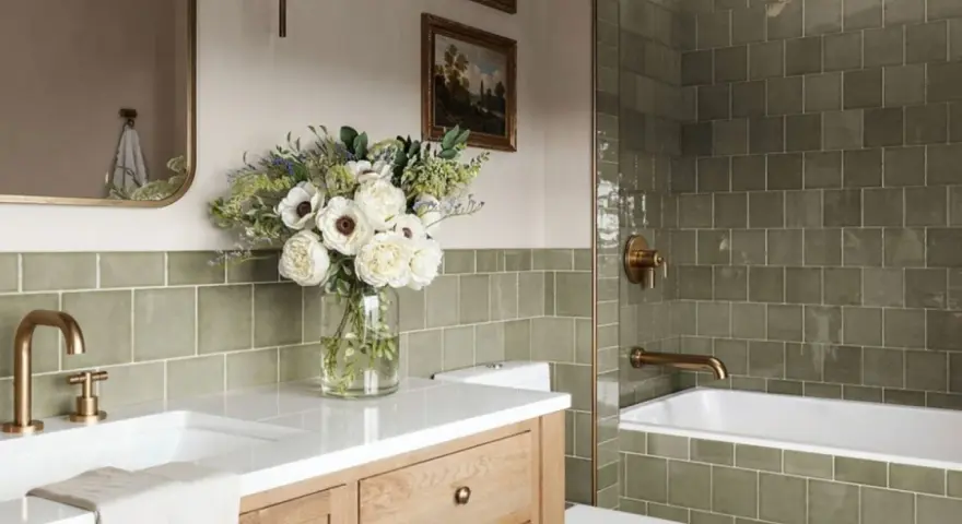 Élégante salle de bain verte avec carrelage texturé, vasque en bois, bouquet de fleurs blanches et robinetterie dorée.