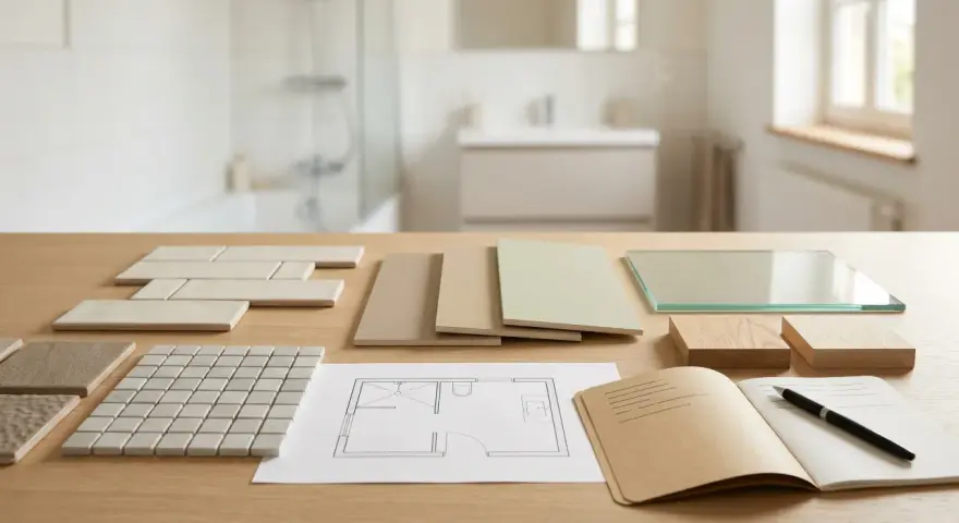 Échantillons de carrelage, plans et matériaux pour refaire une salle de bain budget.