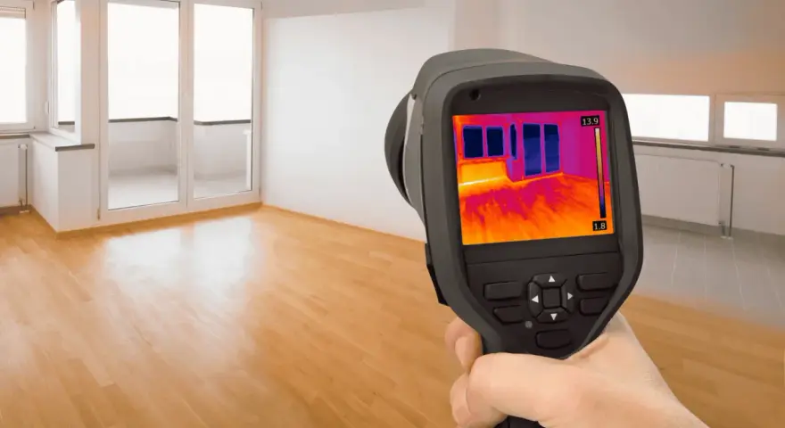 Caméra thermique utilisée pour comment detecter une fuite d'eau sous un carrelage. L'écran montre des variations de température, indiquant une potentielle humidité.