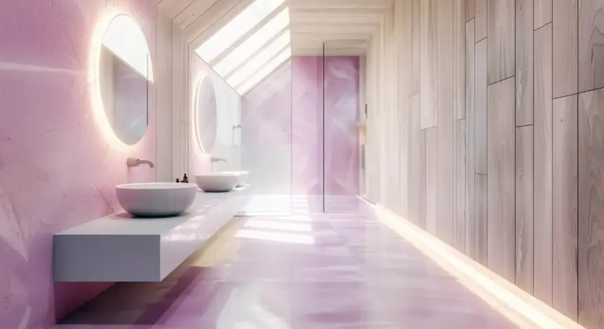 Salle de bain moderne aux murs roses texturés et au sol brillant. La **hauteur frise salle de bain** est soulignée par des miroirs ronds lumineux et une paroi de douche en verre.