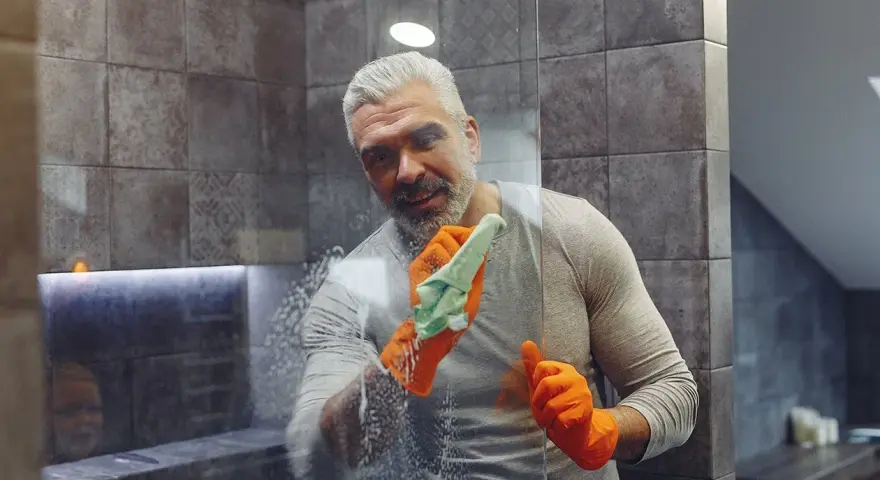 Un homme aux cheveux gris, portant des gants orange, nettoie une paroi de douche en plexiglas avec une éponge savonneuse.