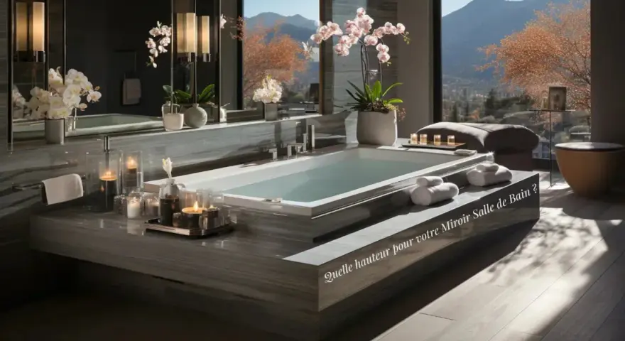 Salle de bain luxueuse avec baignoire, orchidées et vue panoramique. La question "Quelle hauteur pour votre miroir Salle de Bain ?" est inscrite.