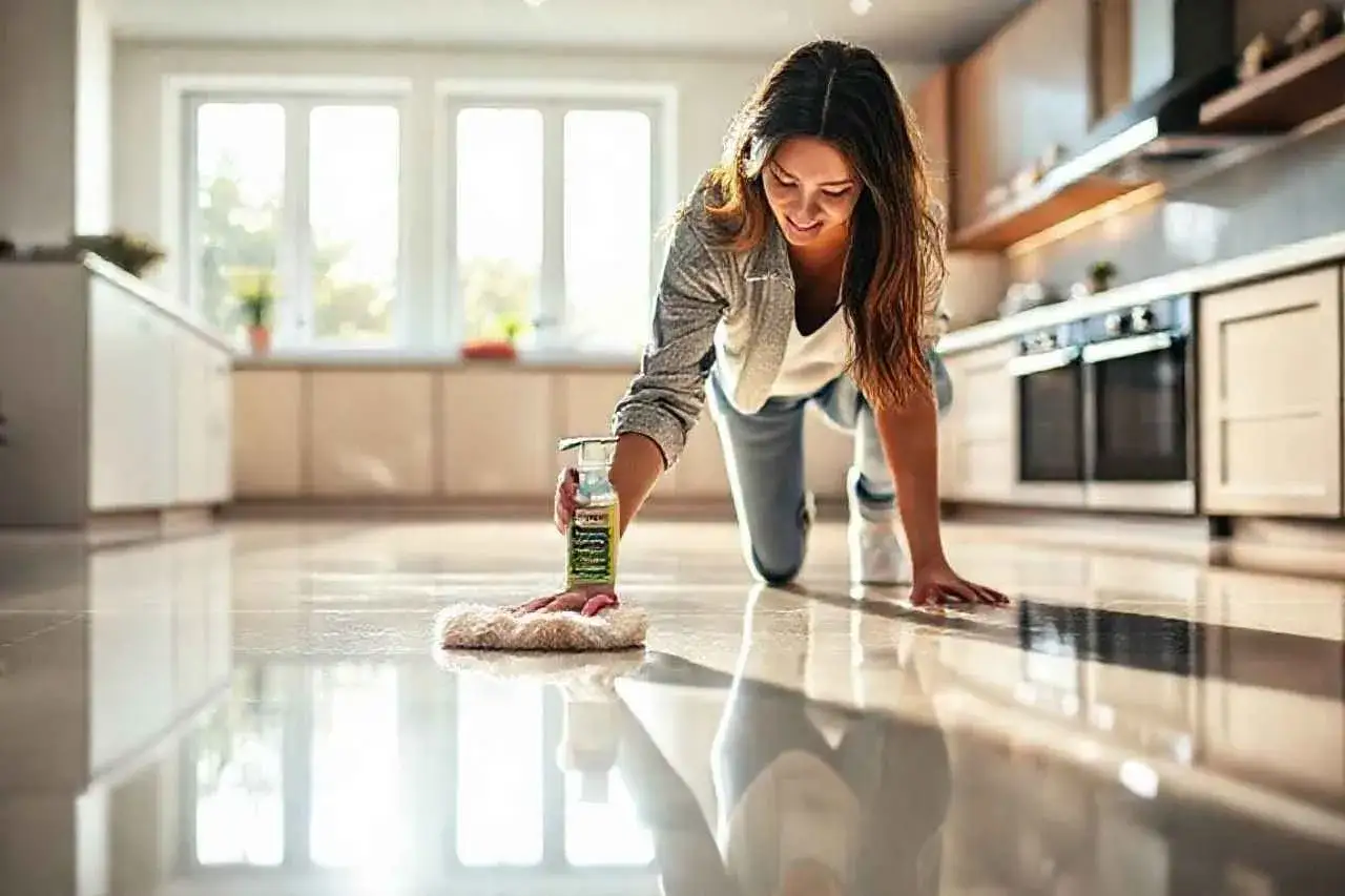 Une femme nettoie son carrelage avec un produit pour le faire briller. La cuisine est lumineuse et moderne.