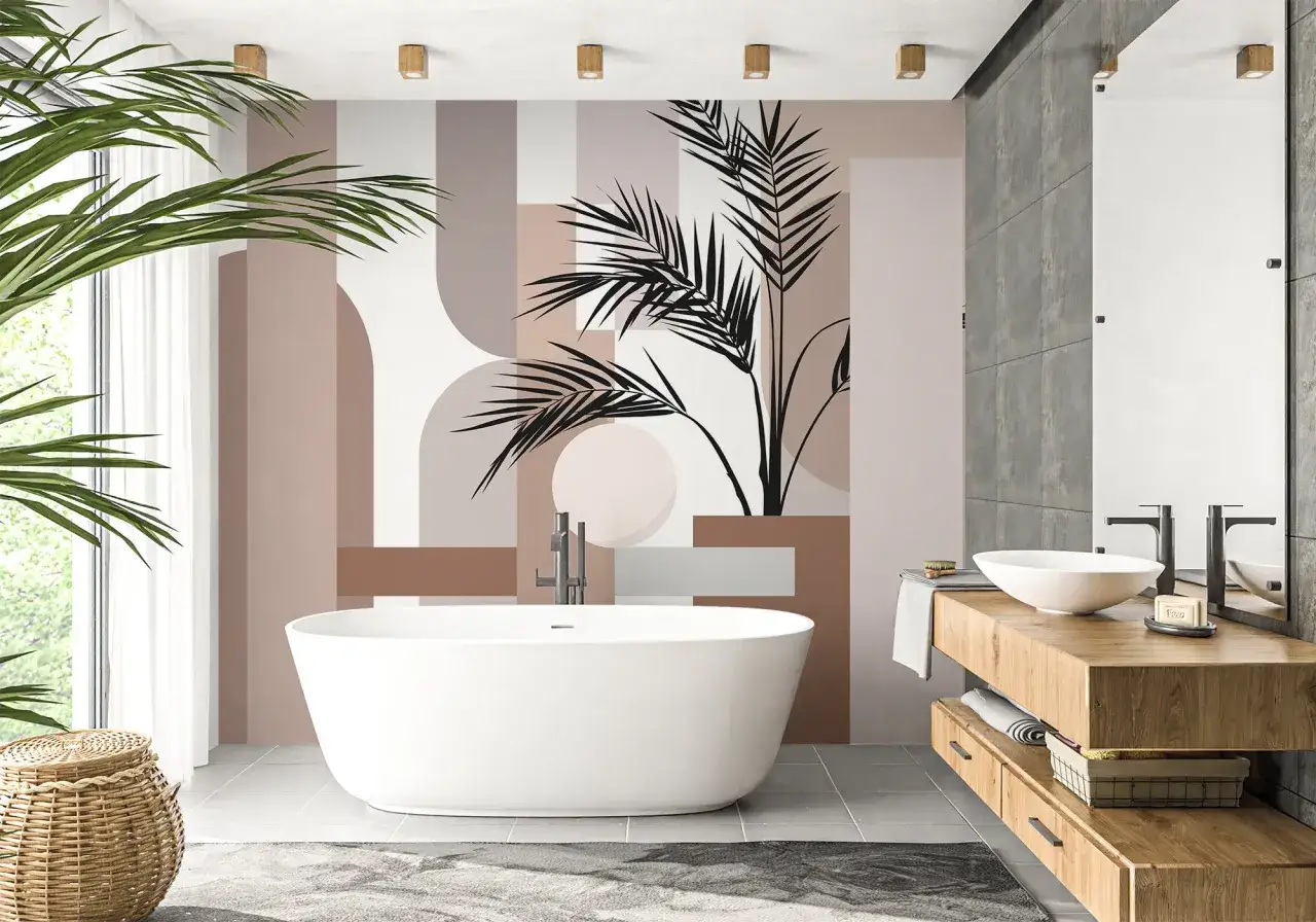 Une salle de bain terracotta et beige avec une baignoire îlot, un meuble vasque en bois et un papier peint abstrait végétal.