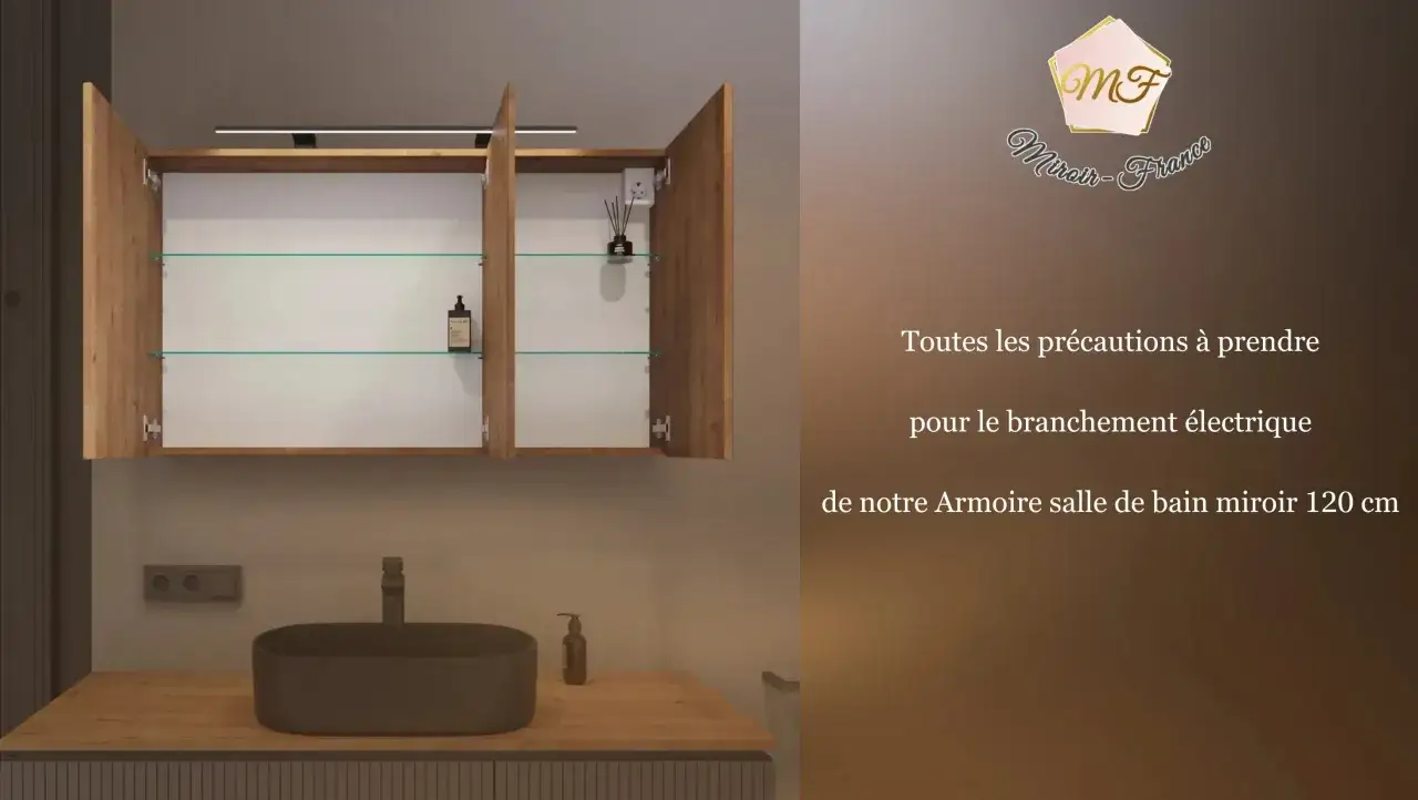 Armoire de salle de bain avec miroir, &eacute;clairage LED et &eacute;tag&egrave;res en verre. Id&eacute;al pour accrocher un miroir au mur.