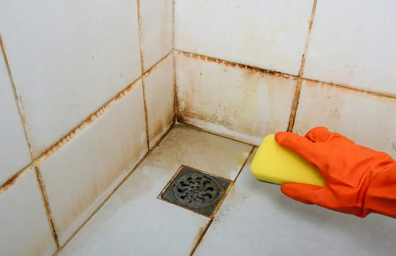 Maintenant, quand nettoyer carrelage apr&egrave;s joint, une main gant&eacute;e frotte avec une &eacute;ponge jaune les joints sales et moisis d'une douche.