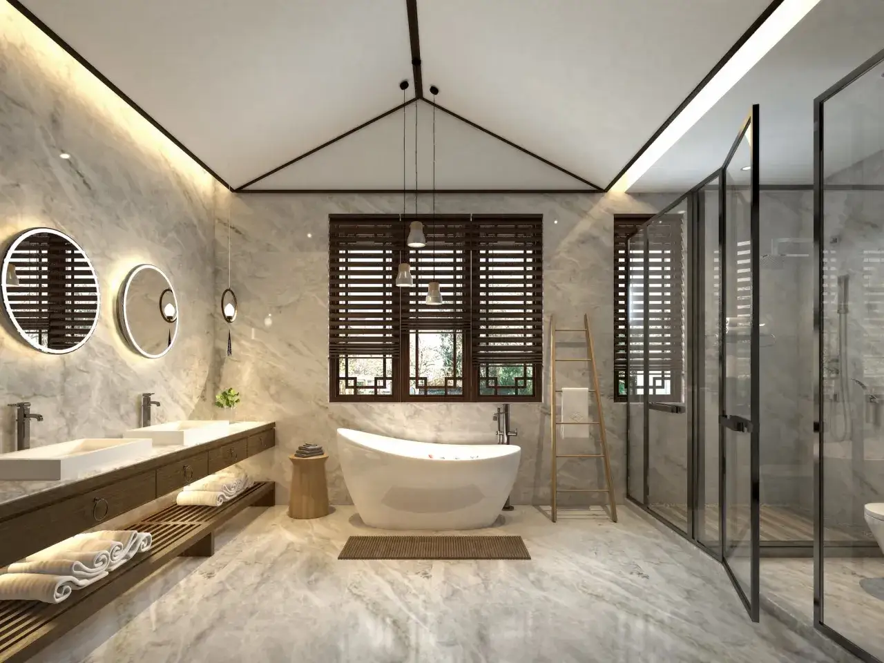 Une salle de bain intemporelle avec une baignoire îlot, une douche vitrée, un double lavabo et des finitions en marbre.