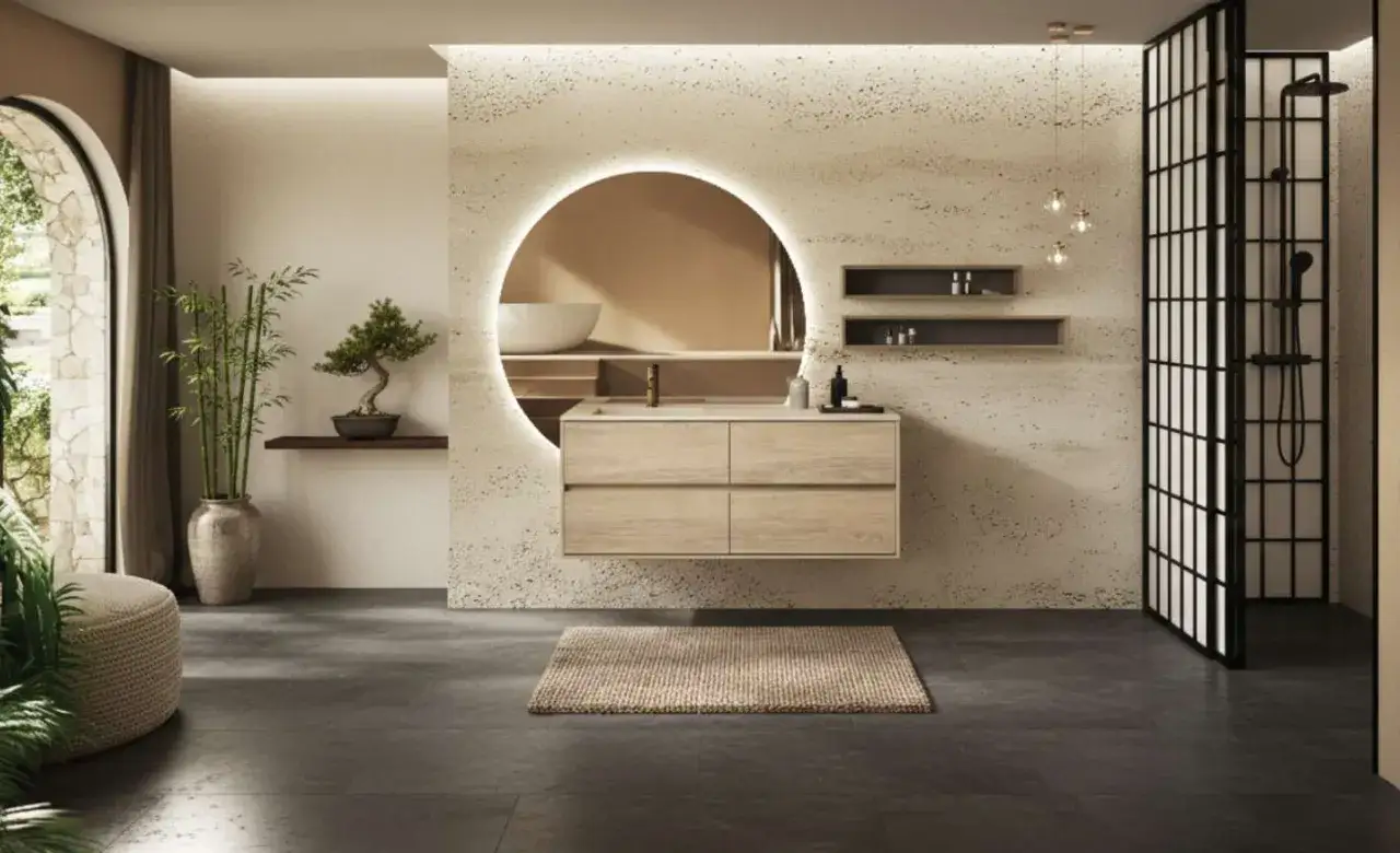 Élégante salle de bain style japonais avec un meuble vasque en bois clair, un miroir rond lumineux et une douche à l'italienne. Bambou et bonsaï apportent une touche zen.