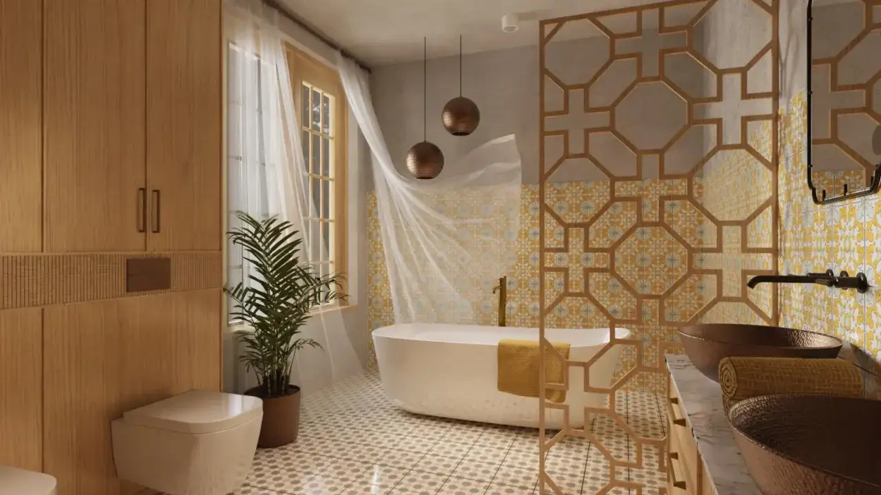 Élégante salle de bain style marocain avec baignoire, lavabos en cuivre, carrelage orné et boiseries.