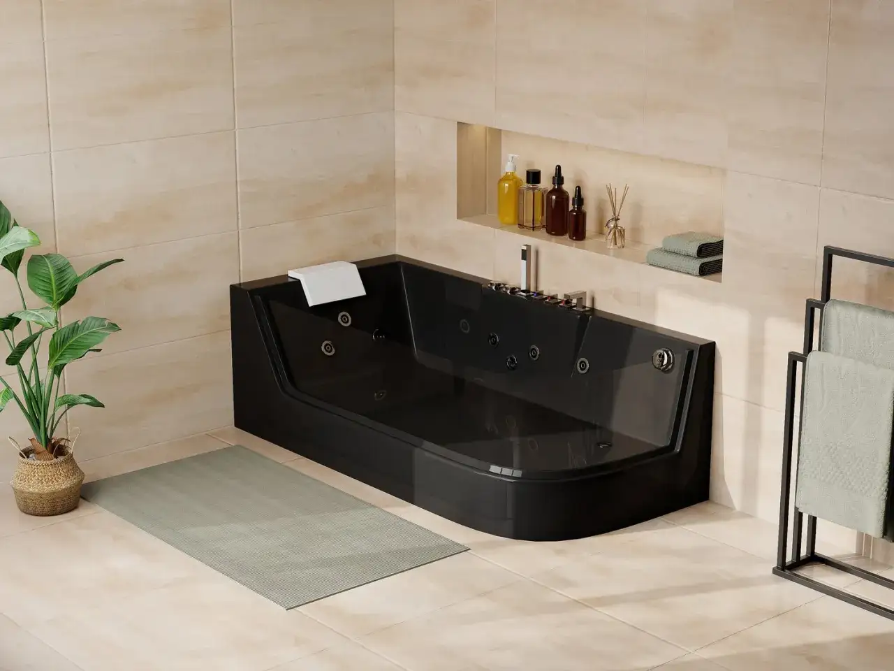 Une luxueuse baignoire balnéo noire invite à la détente. Oui, on peut se laver dans une baignoire balnéo pour un moment de pur bien-être.