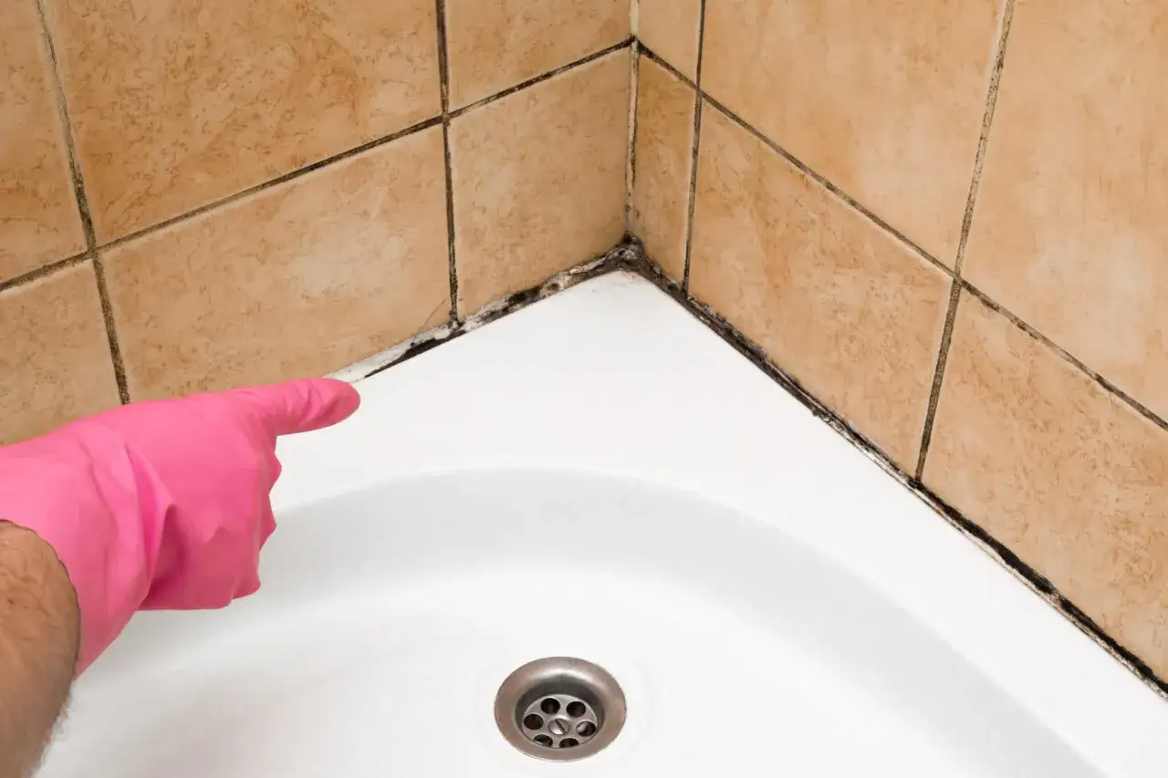 Main rose, un gant rose pointe vers des joints de salle de bain moisis et sales dans le coin d'une baignoire.